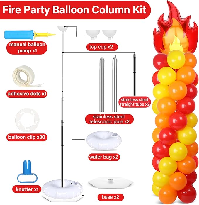 2 Sets Fire Party Balloon Column Stand Kit With 102 Fire Truck Foil Balloons 5.57Ft Adjustable Balloon Tower Stand With Base Adjustable Arch Column for Firefighter Rescue Birthday Party Supplies