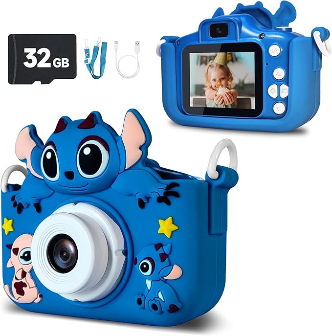 Kids Camera with 32GB SD Card - 1080P HD Digital Selfie Video Camera for Boys & Girls Ages 3 4 5 6 7+ Portable Toddler Toy with Cartoon Design, Christmas Birthday Gifts