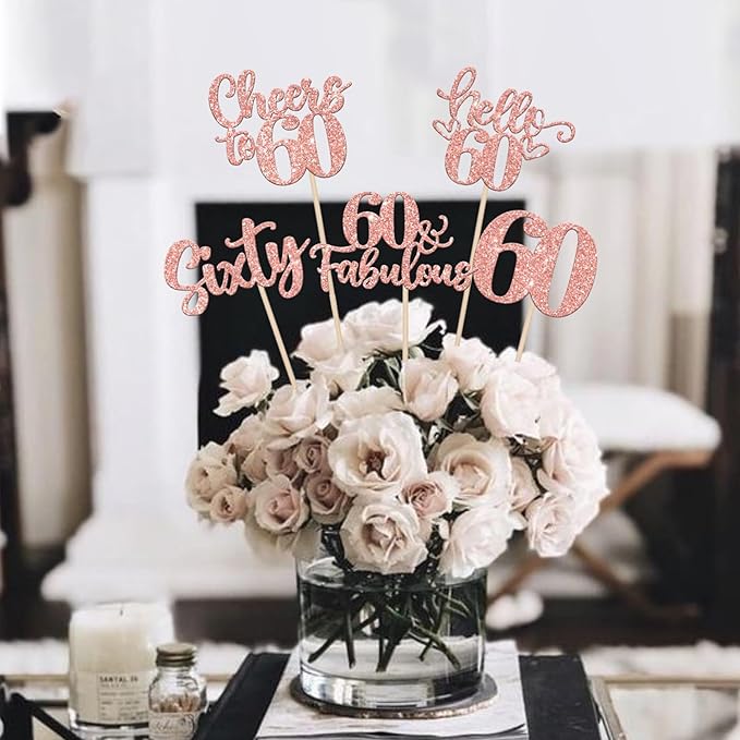 15PCS Happy 60th Birthday Centerpiece Sticks Sixty Hello 60 Cheers to 60 Table Flower Centerpieces Sticks 60 Fabulous Floral Decorations for Happy 60th Birthday Party Centerpieces Supplies Rose Gold