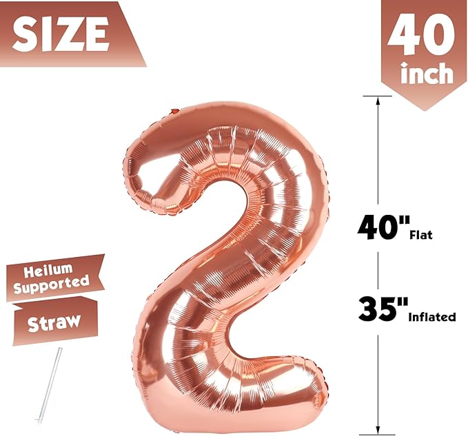 40 Inch Rose Gold Number 2 Balloon, Giant 2 Number Balloons for 2nd Birthday Decorations, Party Supplies for Baby Boy Girl, Rose Gold Party Decor