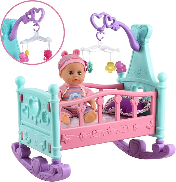 deAO Baby Doll Set with Crib Bed High Chair Stroller Baby Doll Accessories 20 Pieces Play Set Birthday for Girls Boys Kids