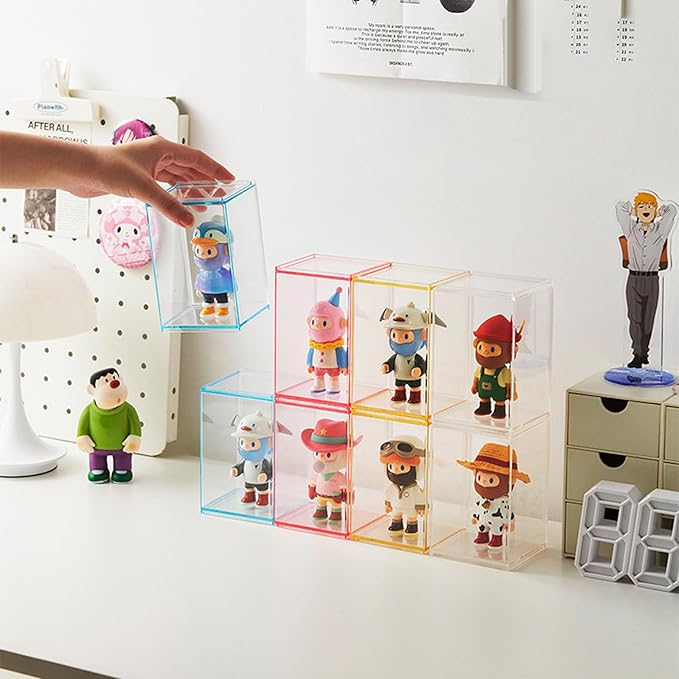 3 PCS Acrylic Display Boxes Colorful Figures Display Case for Funko Pop Figures, Stackable Blind Box Fully Assembled Dustproof Storage Organizer Box for Lego Collectibles Action Figures Pop Mart