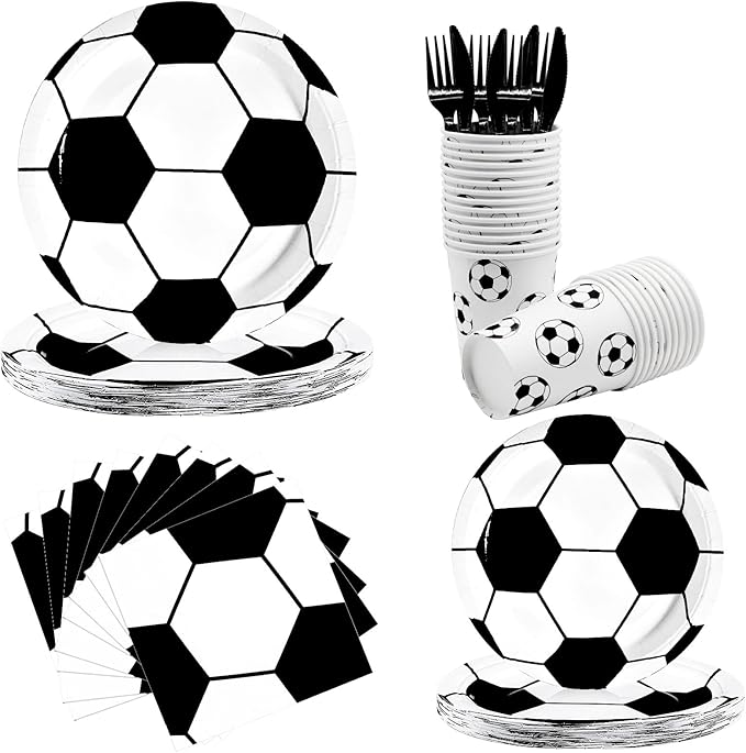 144Pcs Soccer Party Supplies Soccer Birthday Party Tableware Set Serve 24 Guests include Paper Plates Napkins Cups Knives Forks For Birthday Baby Shower Sports Theme Party Decorations