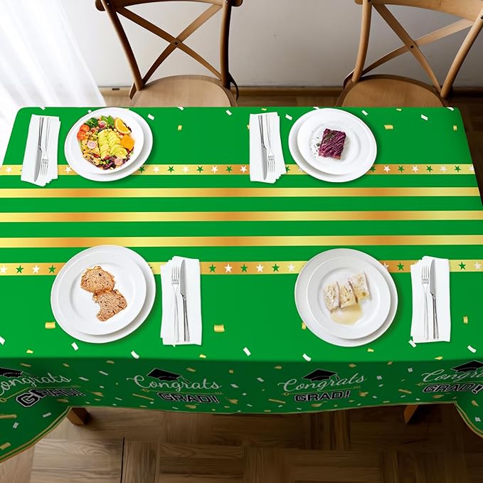 Childom 3 Pack Graduation Tablecloth,Graduation Decorations Class of 2026 Graduation Party Decorations,54"x108" Green and Gold Plastic Table Cloth Disposable Rectangle for Home,School,Party Supplies