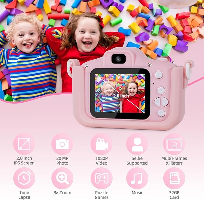 Kids Camera for 3-12 Years Old,Toddlers Childrens Girls & Boys Selfie Camera, 48 MP 1080P IPS Screen Dual Digital Toy Camera, Perfect for Kids Birthday with 32GB Card