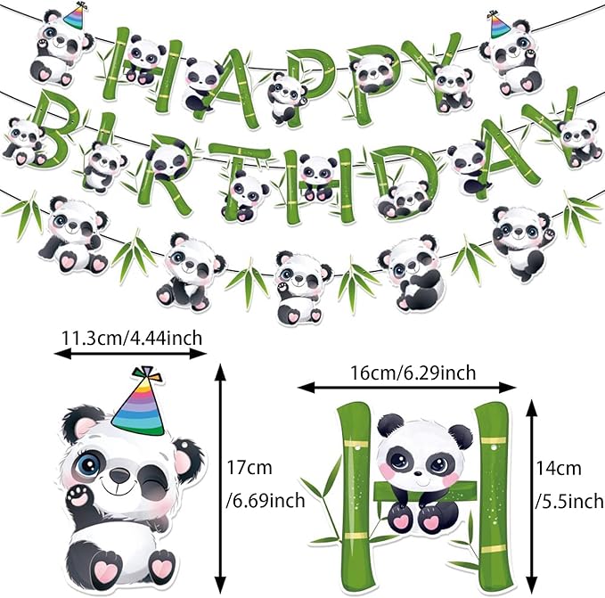 Zwiebeco Pandas Happy Birthday Party Decoration Green Black White Bamboo Leaves Sign Banner Hanging Paper Garland Bunting for Babys Kids Themed Accessories Supplies
