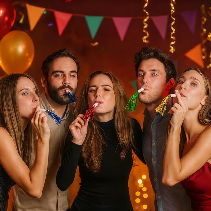 Gold New Years Noise Makers 24 PCS Glitter NYE Party Blowers Blowouts New Years Eve Games Favors Supplies Birthday Pep Rally for Adult Prank Graduation Sporting Events Horns Noisemakers Accessories