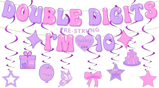 Pre-Strung 10th Birthday Decorations for Girls, NO DIY Double Digits I’M 10 Banner, Cheers to 10 Year Party Supplies, Hanging Swirls