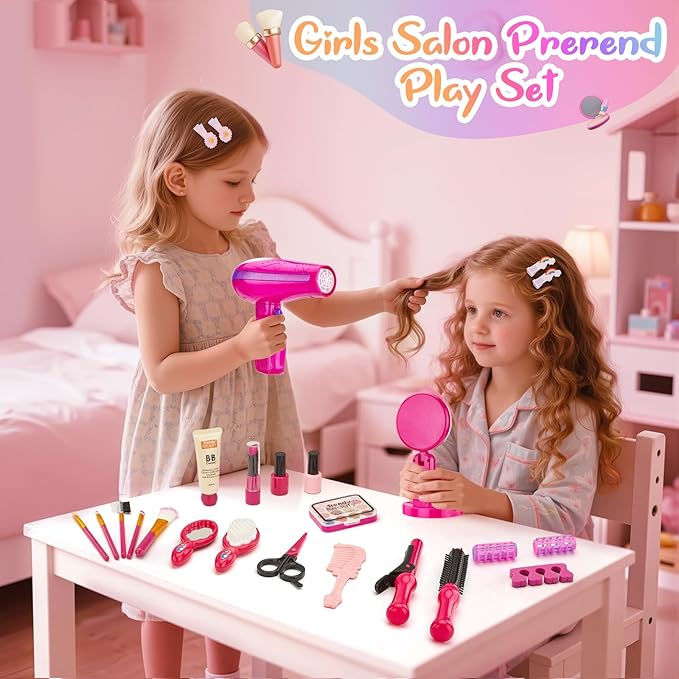 Hair Salon Toys for Girls,34Pcs Pretend Play Makeup Beauty Hair Styling Set with Blow Dryer, Mirror,Barber Apron, Scissors and Stylist Accessories Girls Toys for 3-9 Year Old