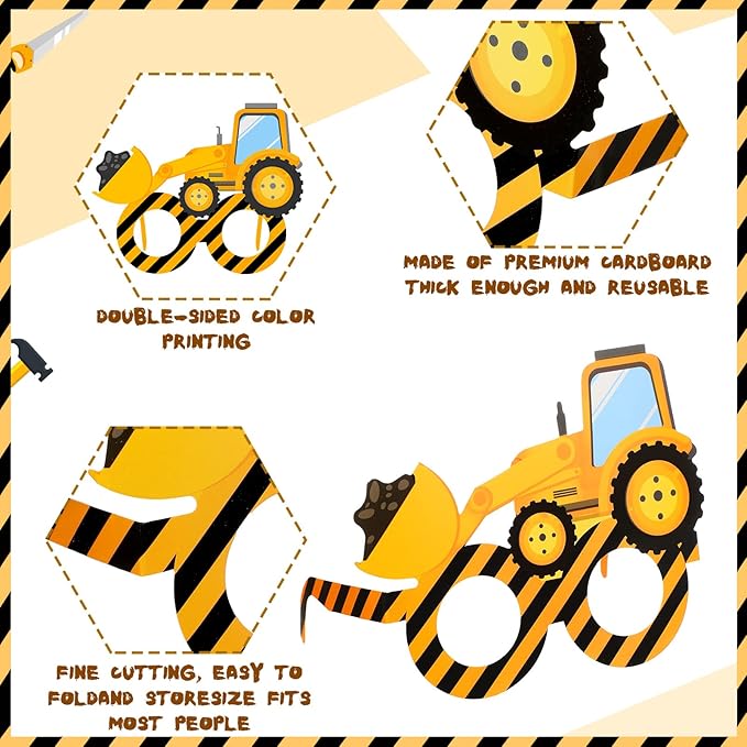 Funrous 32 Pcs Construction Theme Party Eyeglasses Dump Truck Cardboard Glasses Engineering Excavator Photo Booth Props for Boy Transportation Birthday Party Supplies Favor