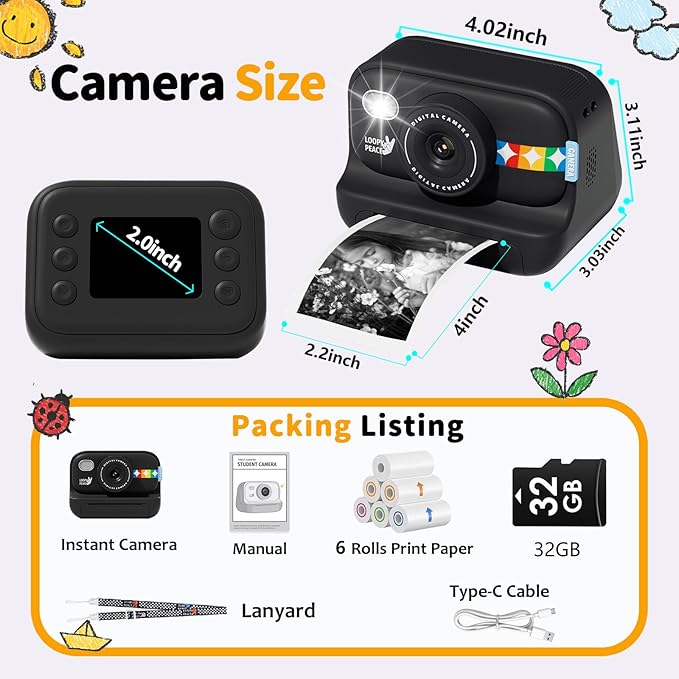 Instant Print Camera for Kids with 5 Color Print Paper, 48MP Photo 1080P Video, 21 Fun Frames, 32GB Card, Birthday for Girls Boys Age 3 4 5 6 7 8 9 10 11 12 Years Old Black