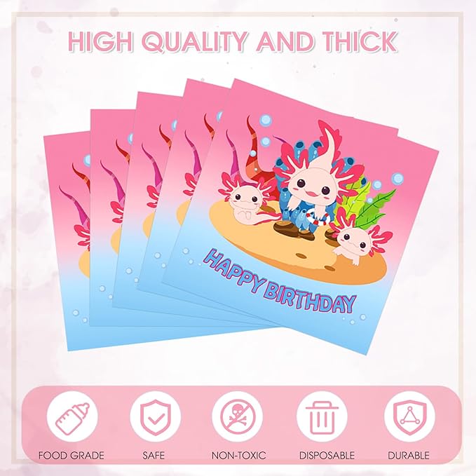 40 Pack Pastel Cute Axolotl Birthday Decorations Napkins - 6.5x6.5 Inch Disposable Axolotl Paper Napkins for Adorable Aquatic Reptile Theme Kids Birthday, Baby Shower & Gender-Neutral Party Supplies