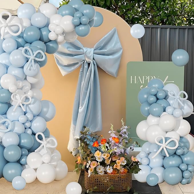 Blue and White Balloon Garland Arch Kit, 146Pcs Dusty Macaron Blue White Long Balloons Different Size for Coquette Birthday Gender Reveal Baby Shower Boy Wedding Bridal Shower Sports Party Decorations