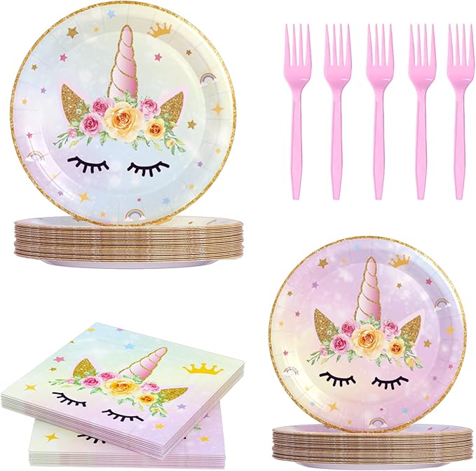 120PCS Unicorn Party Supplies Set, Serves 30 Guests Including Unicorn Paper Plates, Dessert Plates, Napkins, Forks,for Unicorn Themed Birthday Party Decoration, Unicorn Tableware