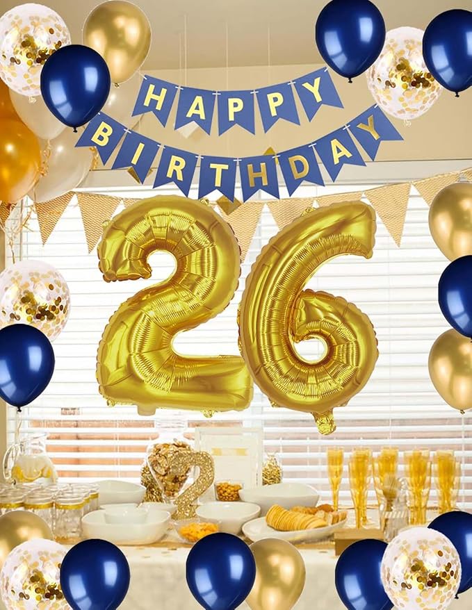 26th Birthday Party Decorations for Men, Navy Blue 26th Birthday Banner Gold Number 26 Foil Balloon Metallic Confetti Balloons for Him Her 26 Years Old Birthday Supplies(26th)
