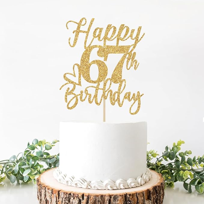 Happy 67th Birthday Cake Topper, 67th Birthday Decorations for Men/Women, Cheers to 67 Years, Hello 67, 67th Happy Birthday Party Supplies Gold Glitter