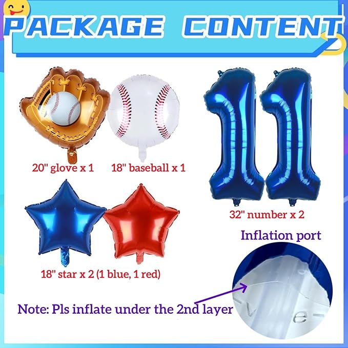 Baseball Balloons 11th Birthday Decorations for Boys | Baseball Birthday Decoration Sports Theme Party Supplies, 32Inch Foil Mylar Number 11 Balloon Navy Blue Red White Sports Balloon Arch Kits