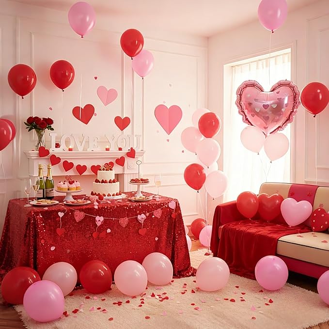 Red and Pink Balloons, Pink Red Pearl Pink Balloons with Heart Foil Balloon for Engagement Anniversary Wedding Party Supplies Valentines Day Decorations