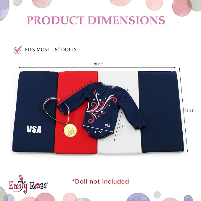 Emily Rose 18 Inch Doll Gymnastics Outfit 4-Piece Gymnast Playset | Leotard, Tumbling Mat, Gold Medal & Face Stickers | USA Brand, Premium Quality 18” Doll Clothes & Accessories