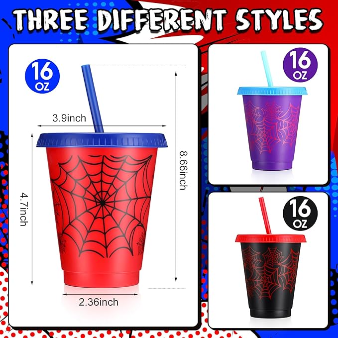 12 Pcs 16 oz Spider Cups Bulk with 3 Styles, Spider Birthday Party Favors Cups with Lids and Straws, Plastic Cup for Birthday Party Decorations, Birthday Party Favor Supplies for Friends