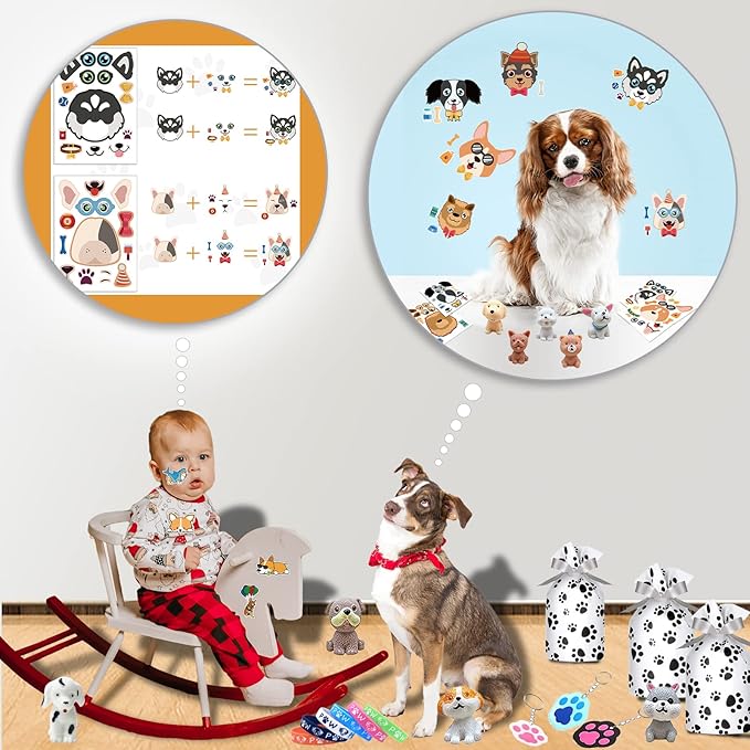 122Pcs Dog Party Favors Gift Set for Kids Dogs Birthday Party Supplies Include 12 Dogs DIY Face Stickers 12 Dogs Bags 12 Keychains 12 Bracelets 50 Stickers for Puppy Parties Favors