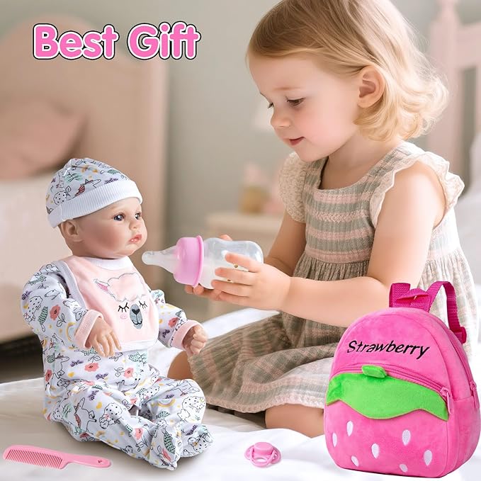 13 Pcs Set Reborn Baby Dolls Clothes Girl Outfit Accessories Pink Sheep Print for 17-22 Inch Reborn Dolls Newborn Girl with Pink Strawberry Backpack Diaper