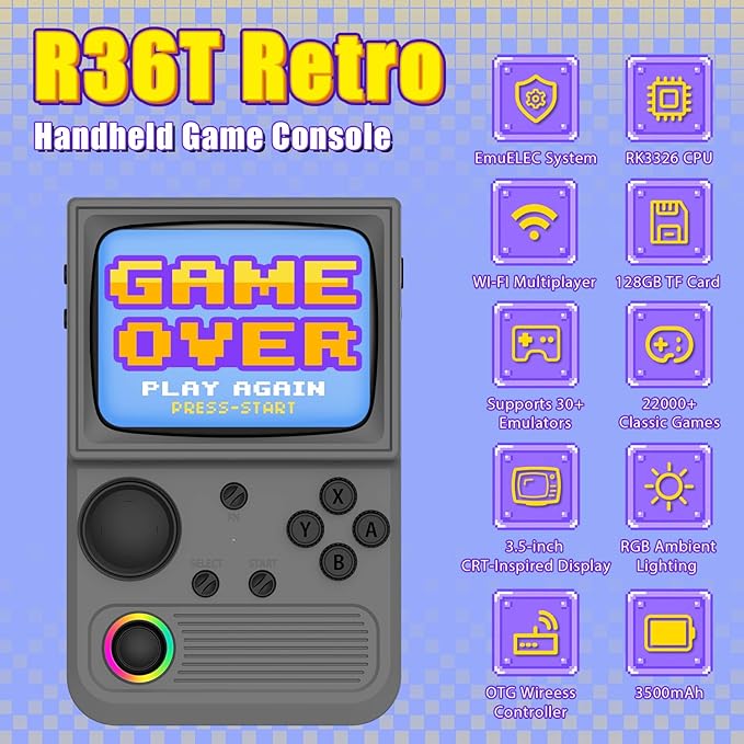 R36T Retro Gaming Console, 3.5'' IPS Screen CRT-Inspired, Handheld Game Console with 22000+ Classic Games Supports WiFi Networked Fighting and OTG, 3500mAh Battery, with Portable Case(Grey 128GB)