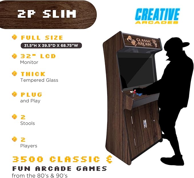 Creative Arcades Full-Size Commercial Grade Cabinet Arcade Machines | Stools Included | Slim Woodgrain Edition | 32" Screen (3500 Games (Slim 2-Player), Black Dark Walnut)