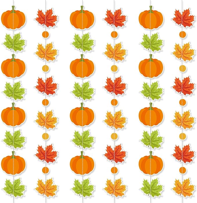 MARFOREVER 41 Ft Thanksgiving Maple Leaf Pumpkin Paper Garland, Fall Party Hanging Decorations Autumn Hanging Swirl Streamers for Fall Harvest Thanksgiving Baby Shower Home Ceiling Decorations