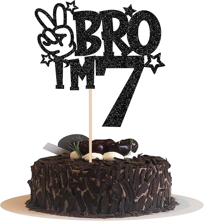 1 PCS Brother I'm 7 Cake Topper Glitter Star Happy 7th Birthday Cake Pick Bro I'm 7 Cake Decoration It's My 7th Birthday Decorations for Boys Cheers to 7 Years Old Birthday Party Supplies Black