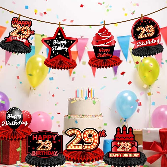 Happy 29th Birthday Red and Black Table Honeycomb Centerpieces Balloons Theme Decor Table Decorations Table Toppers for Girls Women Princess 29 Years Old Birthday Party Bday Supplies Background Gold