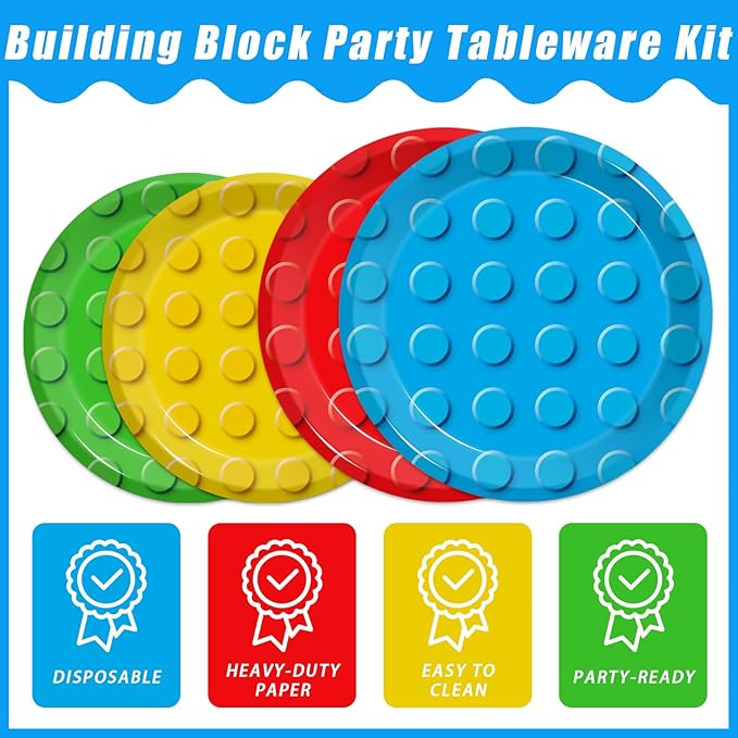 96 Pcs Building Block Party Supplies, Building Bricks Plates and Napkins Set Building Block Themed Dinnerware for Birthday Party Decorations, Serves 24