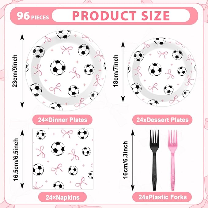 96PCS Soccer and Bow Party Paper Plates and Napkins for Sports Themed Party Dessert Cake Plates Disposable Decor Pink Bow Soccer Birthday Parties Set for Boys Girls Birthday Gatherings Decorations
