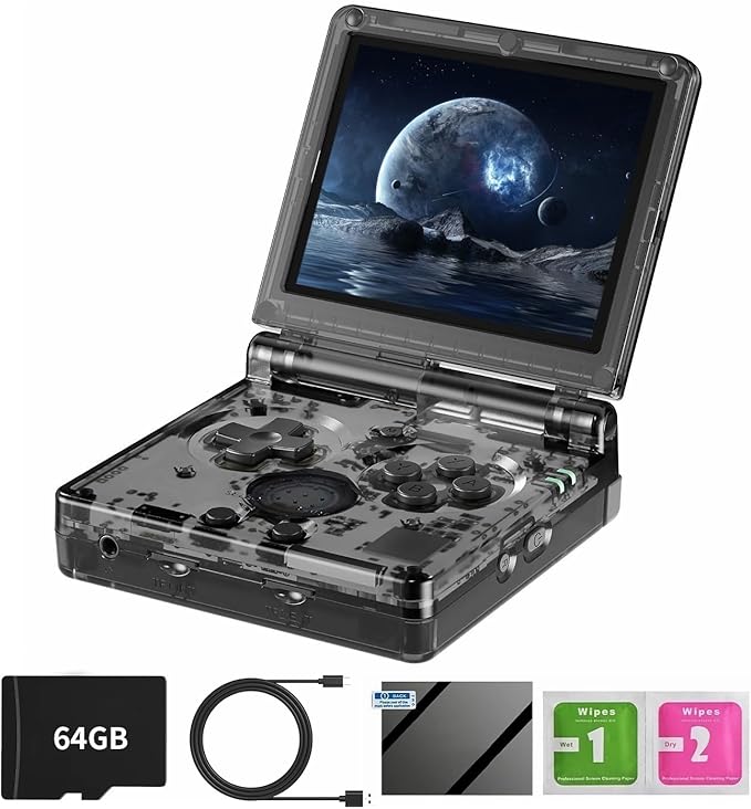 RG35XXSP Handheld Clamshell Games Consoles Built-in 64G TF Card 5000+ Games Portable Style Flip Hand Held Game Video Consoles Linux System with Case (Black Transparent)
