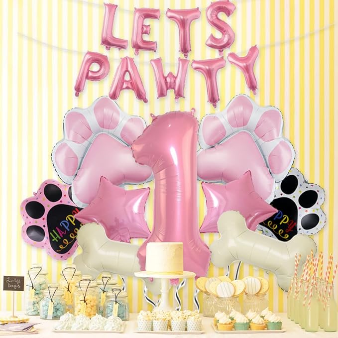 1st Dog Balloons 18pcs Lets Pawty Balloons Dog Paw Decor Pink 32 inch Pink Number Balloons Mylar Foil Balloons for Lets Pawty Birthday Decorations Dog 1st Birthday Party Supplies