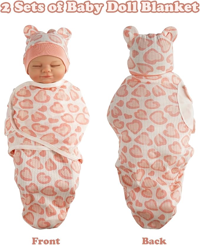 BABESIDE 4 Pcs Reborn Baby Doll Blanket with Doll Accessories Set for 17-24 Inch Babydolls, Heart Patterns Baby Doll Swaddle Blanket with Hat Gloves for Realistic Dolls Girl, Pink