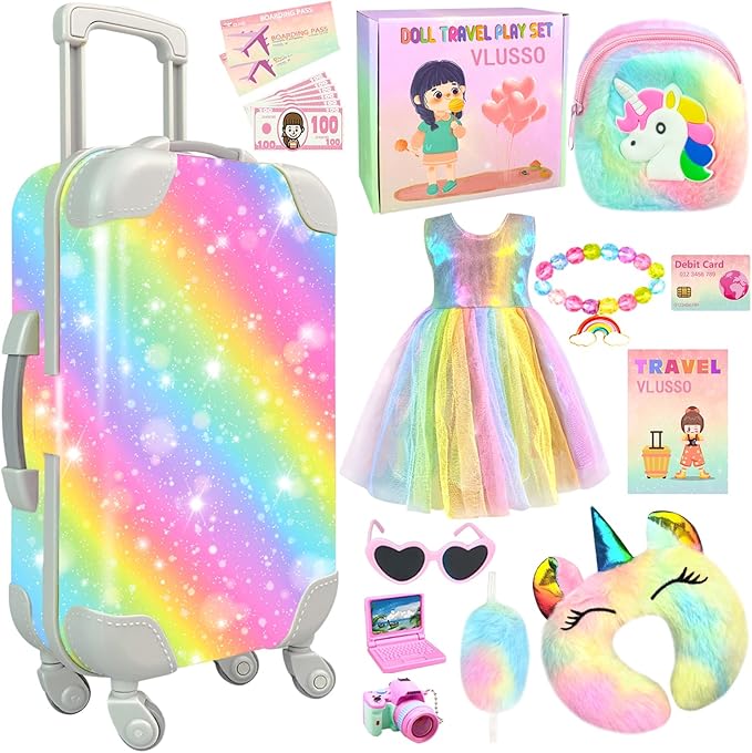 19Pcs 18 inch Girl Doll Accessories Case Luggage Travel Play Set with Clothes Camera Travel Pillow Bag Dress Glasses Stuff Fit 18 inch Doll Christmas Birthday Gift