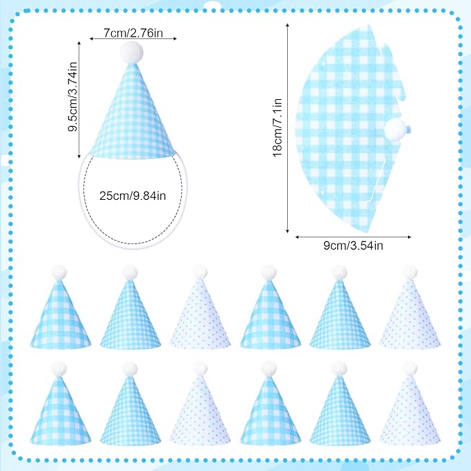 12 Pcs Mini Party Hats for Stuffed Animals, Felt Cone Hats with Pom Poms Baby Blue Polka Dot Checkered Mini Birthday Party Hat for Dolls Small Dogs Cats Birthday Holiday Pet Accessories