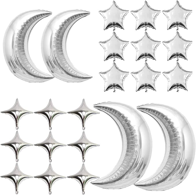 54Pcs Star Foil Balloons Moon Foil Mylar Balloons with 50Pcs Silver Star Balloons and 4Pcs Large Moon Foil Balloons for Baby Shower Christmas Anniversary Engagement Wedding Birthday Party Decoration