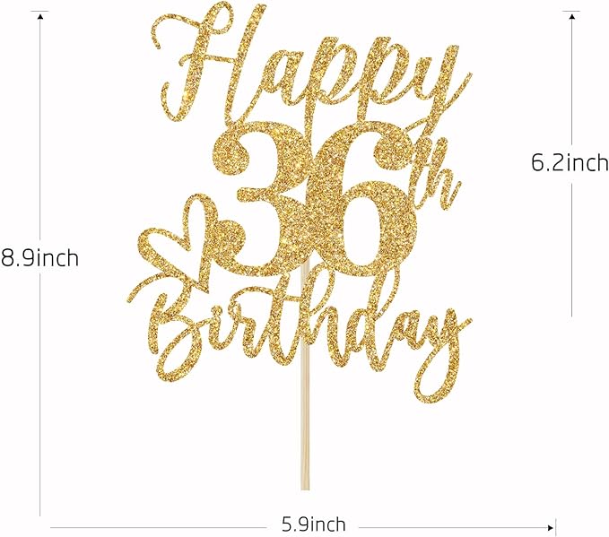 Happy 36th Birthday Cake Topper, 36th Birthday Decorations, Cheers to 36 Years, 36 Happy Birthday Party Supplies Gold Glitter