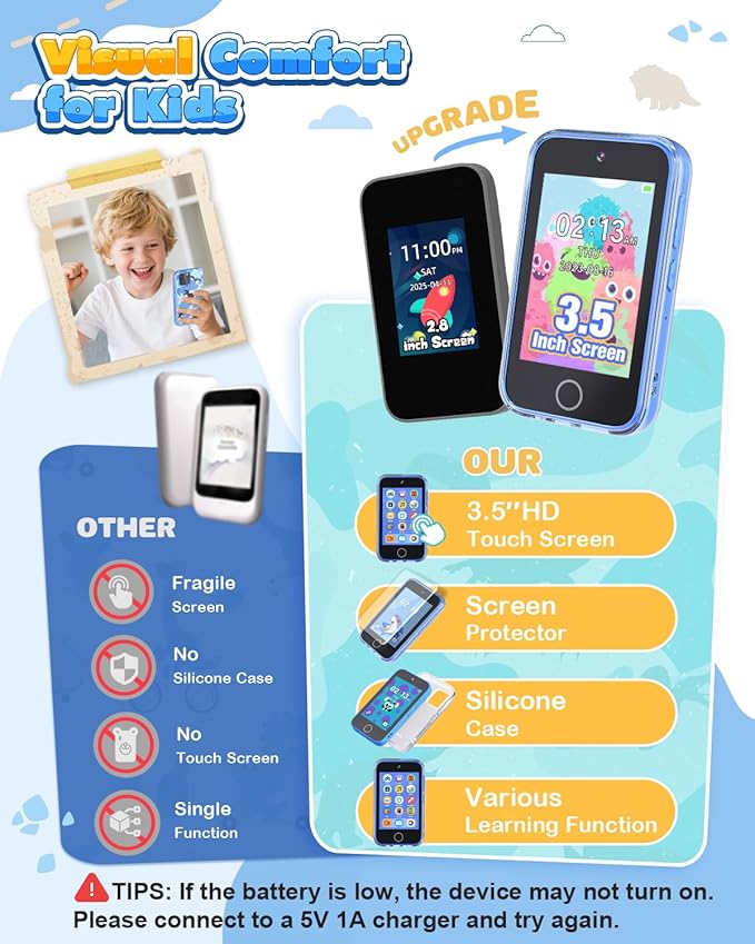 Kids Smart Phone, 3.5" Touchscreen Dinosaur Phone for Kids 3 4 5 6 7 8 9 Years Old, Educational Toddler Phone with Dual Camera ABC Learning Video Player Game, Christmas Birthday Gifts for Boys Age 3-9