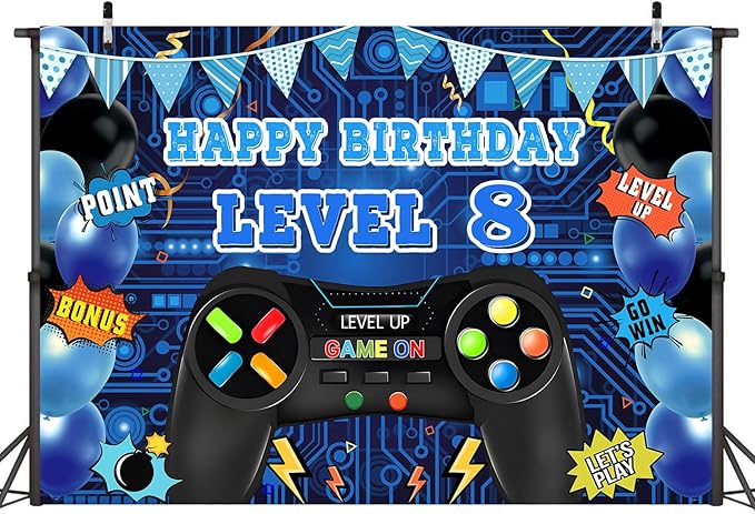 Game Theme Level 8 Birthday Backdrop Video Game Happy 8th Birthday Party Decorations Level Up Theme Boys Kids Birthday Party Supplies(7×5FT)