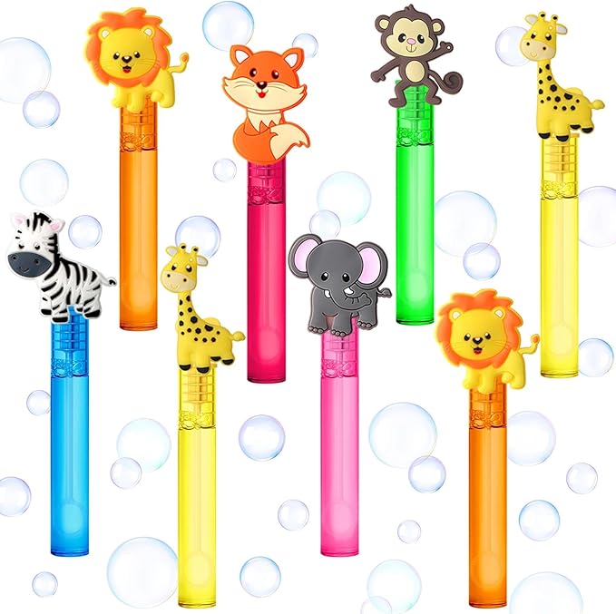 24 Jungle Animal Party Favors Bubble Wands for Kids, Lion Fox Zebra Giraffe Safari Mini Bubbles Wand Toys, Woodland Theme Birthday Party Supplies Goodie Gift Bag Stuffers Pinata Classroom Prizes