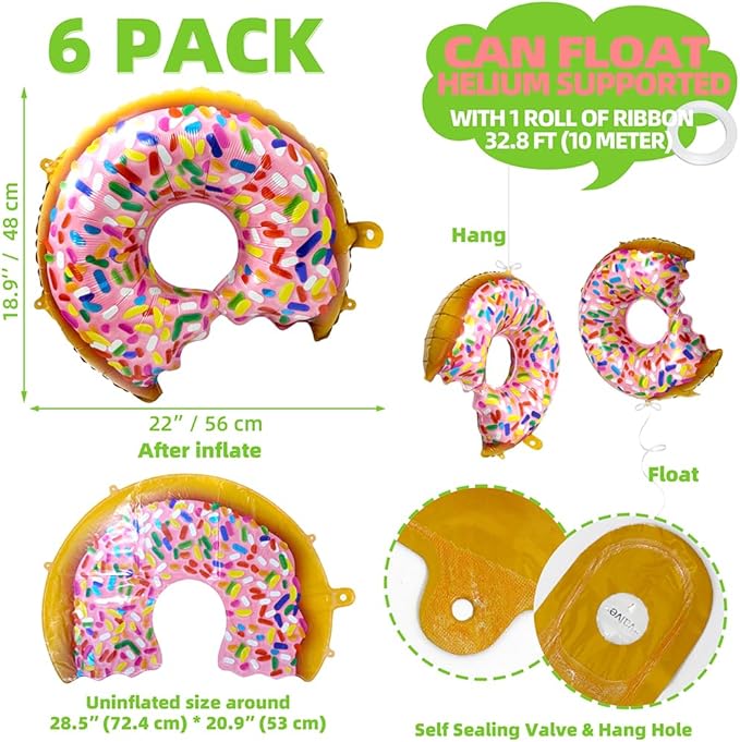 Sprinkle Donut Balloon Dessert Food Sweet Candy Party Decoration, 6 Pack Sweetmeat Doughnut Balloons Donut Time Balloons For Grow Up Wedding Christmas Holiday Birthday Baby Shower Hawaiian Christmas