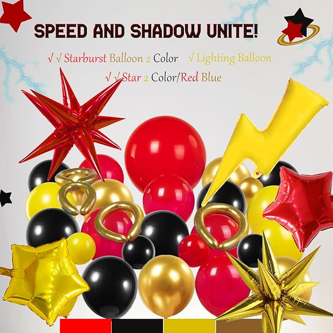 Red Black Yellow Balloon Garland Arch Kit - with Gold lightning Star foil balloons for kids cartoon Super Hero birthday Hedgehog fast go Carnival Circus Themed party decorations (Red Black Yellow)