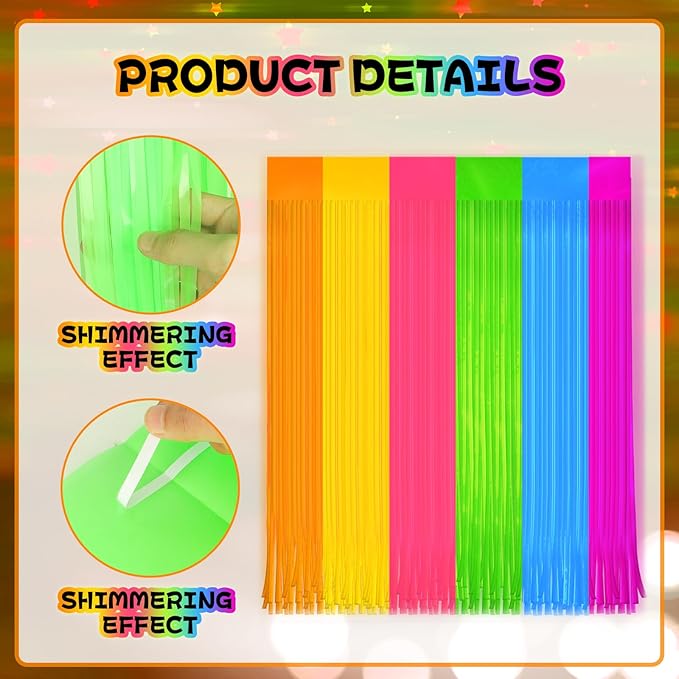 Glow in The Dark Curtains Party Supplies 6.6 x 3.3 Ft Glow Tinsel Foil Fringe Curtains Colorful Patchwork Streamer Backdrop for Birthday Holiday Neon Party Decorations