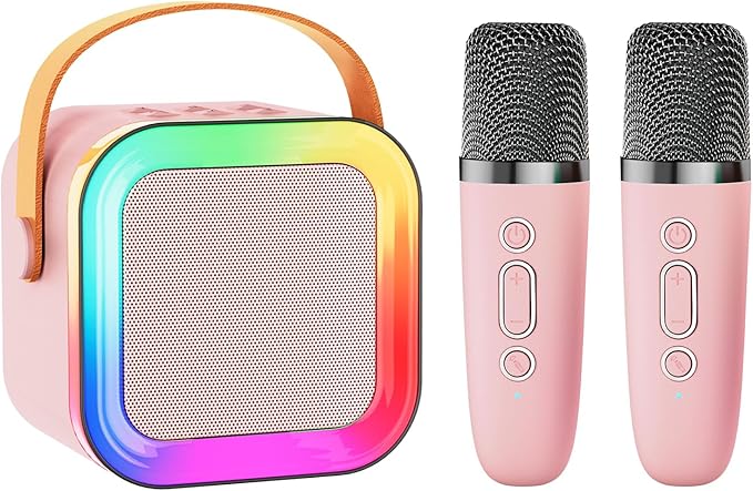 Mini Karaoke Machine Speaker for Kids Adults,Portable Bluetooth with 1-2 Wireless Microphones,Christmas Birthday Gifts Toys Girls Boys Ages 4, 5, 6,7, 8,9,10,11,12+ Years Old Toddler (Pink - 2 Mic)