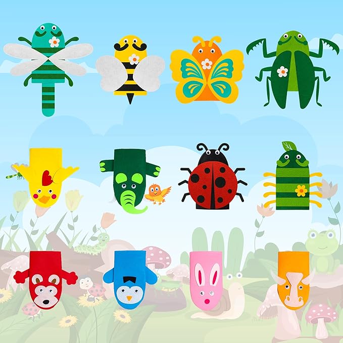 WATINC 12Pcs Hand Puppet Making Kit, Art Craft Felt Sock Puppet Toys, Creative DIY Make Your Own Pompoms Wiggle Googly Eyes Storytelling Role Play Party Supplies Gift for Girls Boys (Animals Insect A)