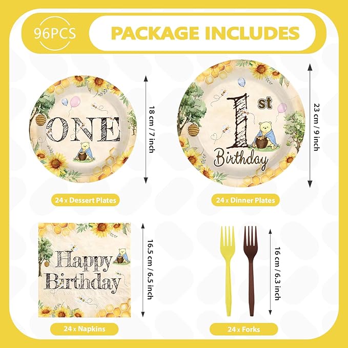96Pcs Classic Bear 1st Birthday Decorations Watercolor Bear Plates and Napkins Cartoon Theme First Birthday Decoration Favors for Kids One Year Old Bday Baby Shower Party Supplies Serves 24