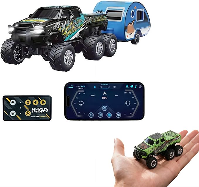 Mini Rc Truck,1/64 Scale Mini Remote Control Monster Truck with Trailer, 2.4Ghz Remote Control & APP, Rechargeable Alloy Shell RC Cars with Lights, Speed/Steering Adjustable (Black)